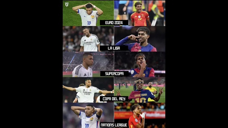 Mbappe và Yamal đang tranh chấp quả bóng trên sân cỏ